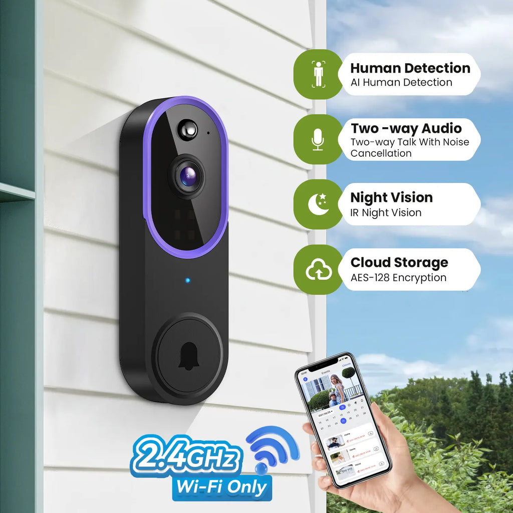 Elevate Your Home Security with Our Smart Wireless Video Doorbell Camera - 1080P HD, AI Human Detection, Night Vision, Two-Way Audio, and Easy Installation!
