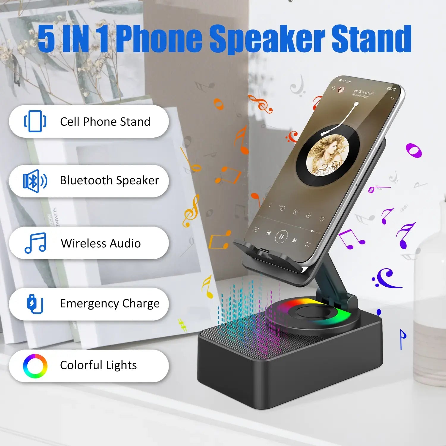 Upgraded 5-in-1 Wireless Bluetooth Speaker & Phone Holder - Colorful Ambient Light, Foldable Design, and Emergency Charging for Tablets & Smartphones - Perfect Gift for Men and Women