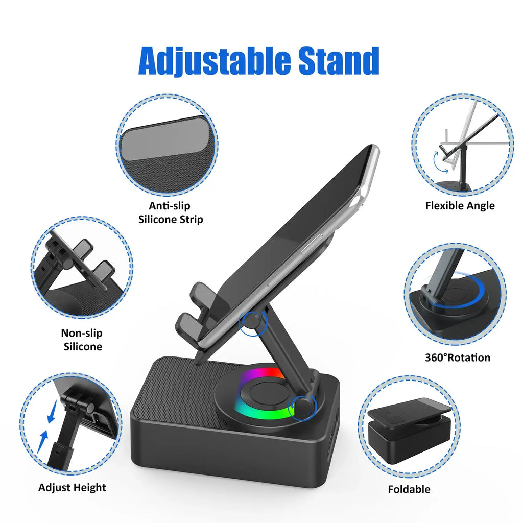 Upgraded 5-in-1 Wireless Bluetooth Speaker & Phone Holder - Colorful Ambient Light, Foldable Design, and Emergency Charging for Tablets & Smartphones - Perfect Gift for Men and Women