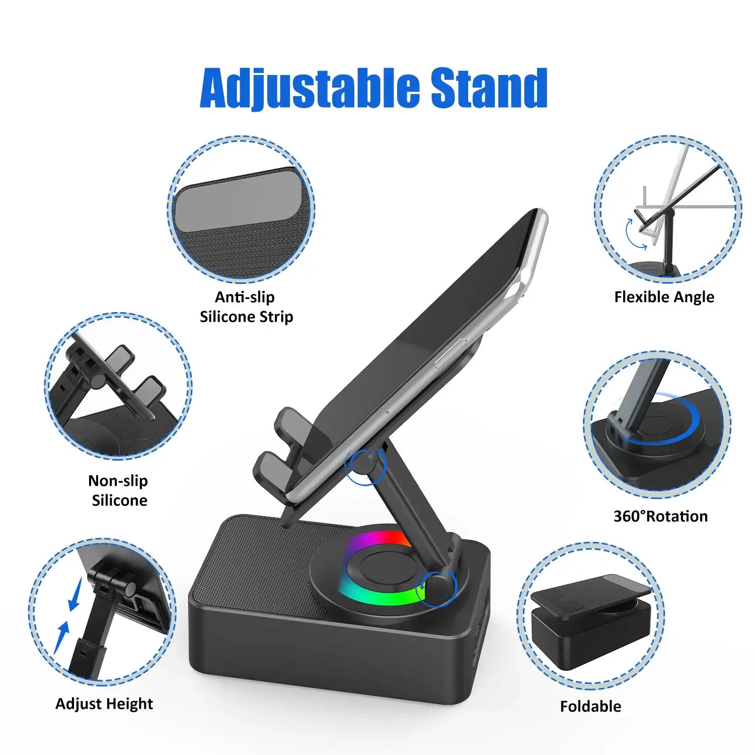 Upgraded 5-in-1 Wireless Bluetooth Speaker & Phone Holder - Colorful Ambient Light, Foldable Design, and Emergency Charging for Tablets & Smartphones - Perfect Gift for Men and Women