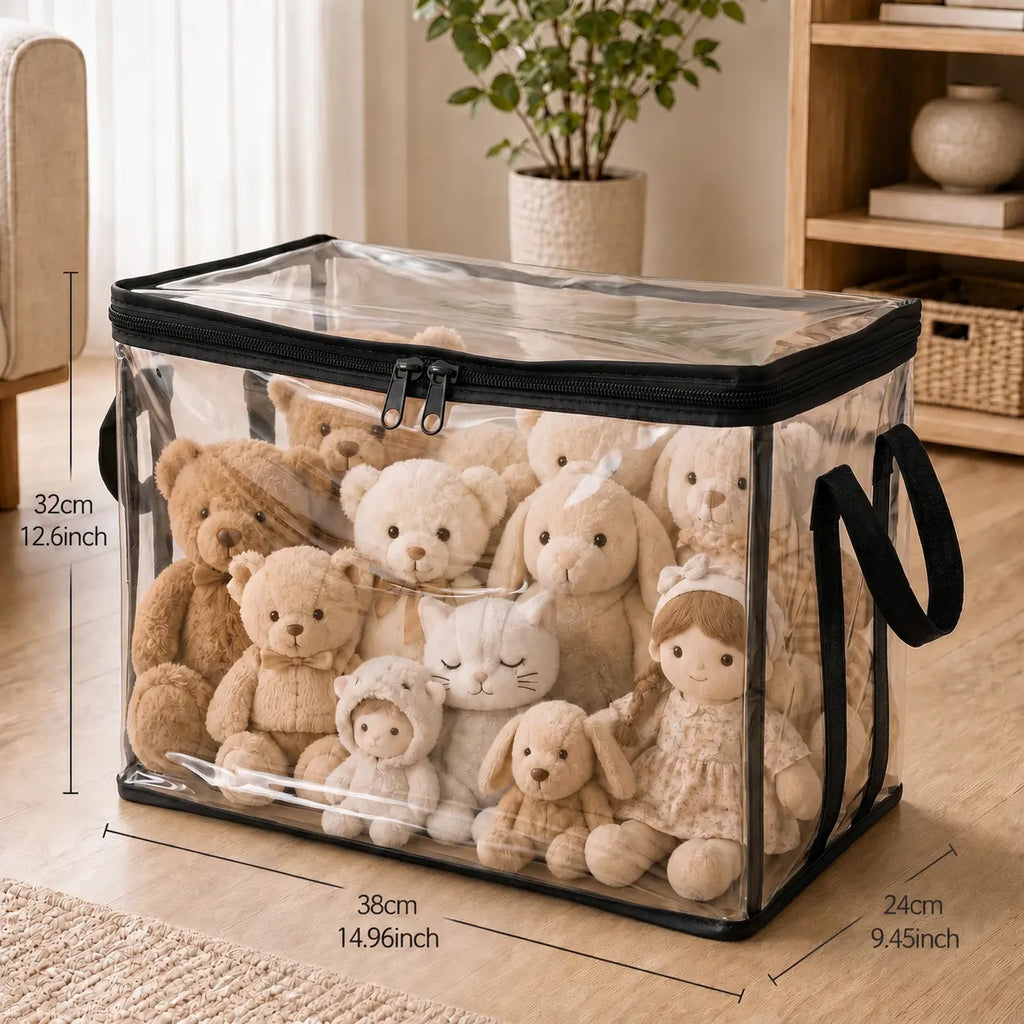 Stylish and Durable Black PVC Stuffed Animal & Doll Storage Box with Handle – The Ultimate Dustproof Toy Organizer for Every Room!