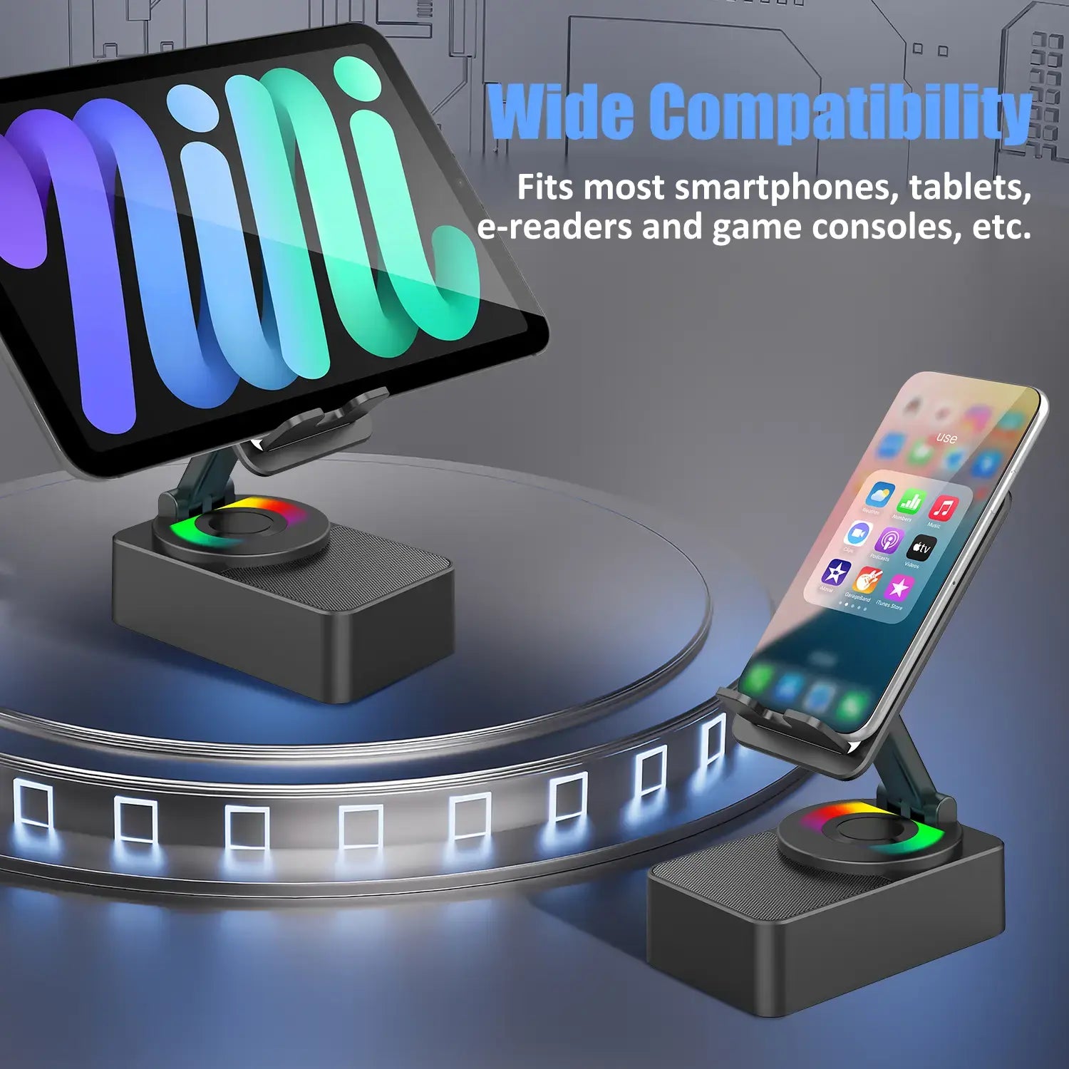Upgraded 5-in-1 Wireless Bluetooth Speaker & Phone Holder - Colorful Ambient Light, Foldable Design, and Emergency Charging for Tablets & Smartphones - Perfect Gift for Men and Women