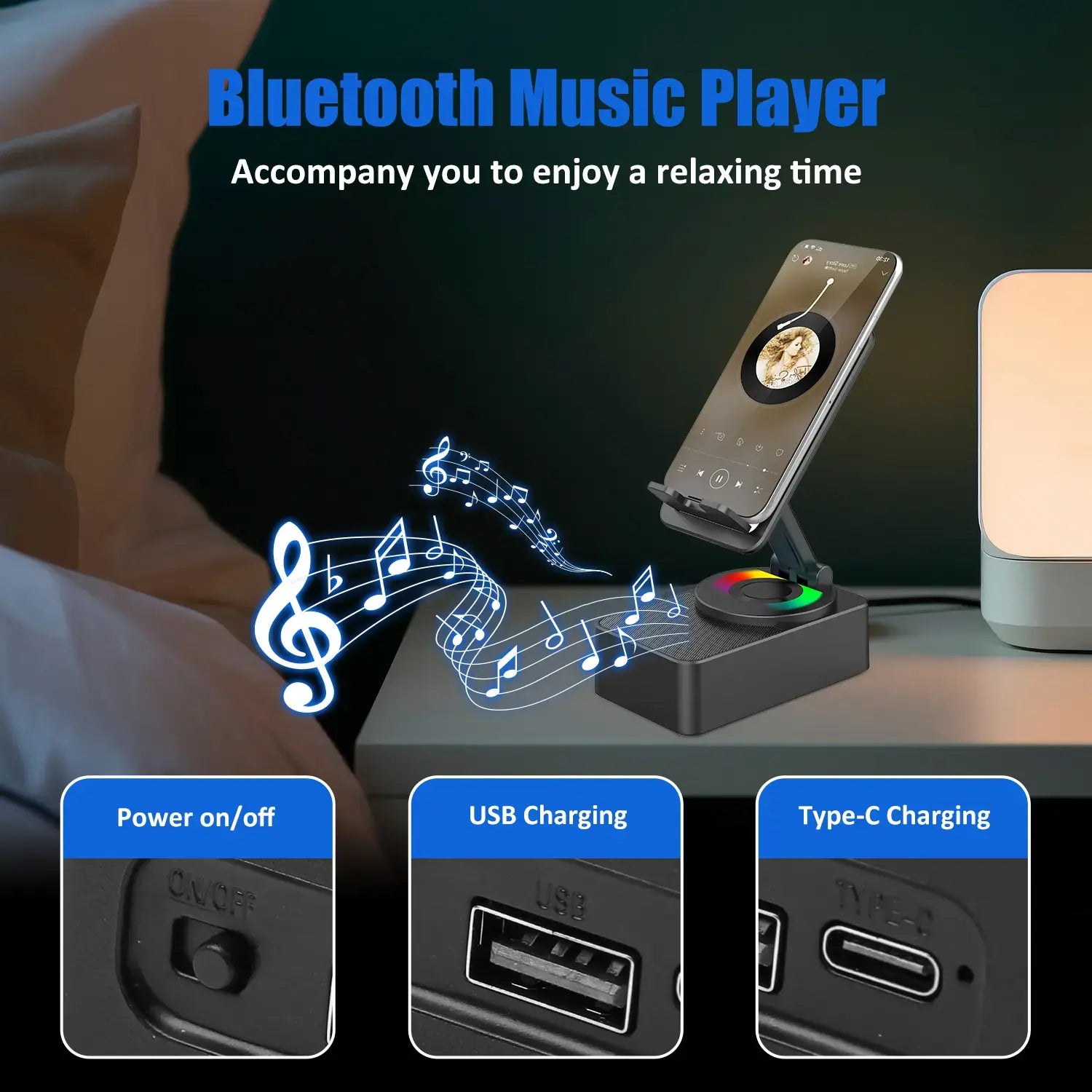 Upgraded 5-in-1 Wireless Bluetooth Speaker & Phone Holder - Colorful Ambient Light, Foldable Design, and Emergency Charging for Tablets & Smartphones - Perfect Gift for Men and Women