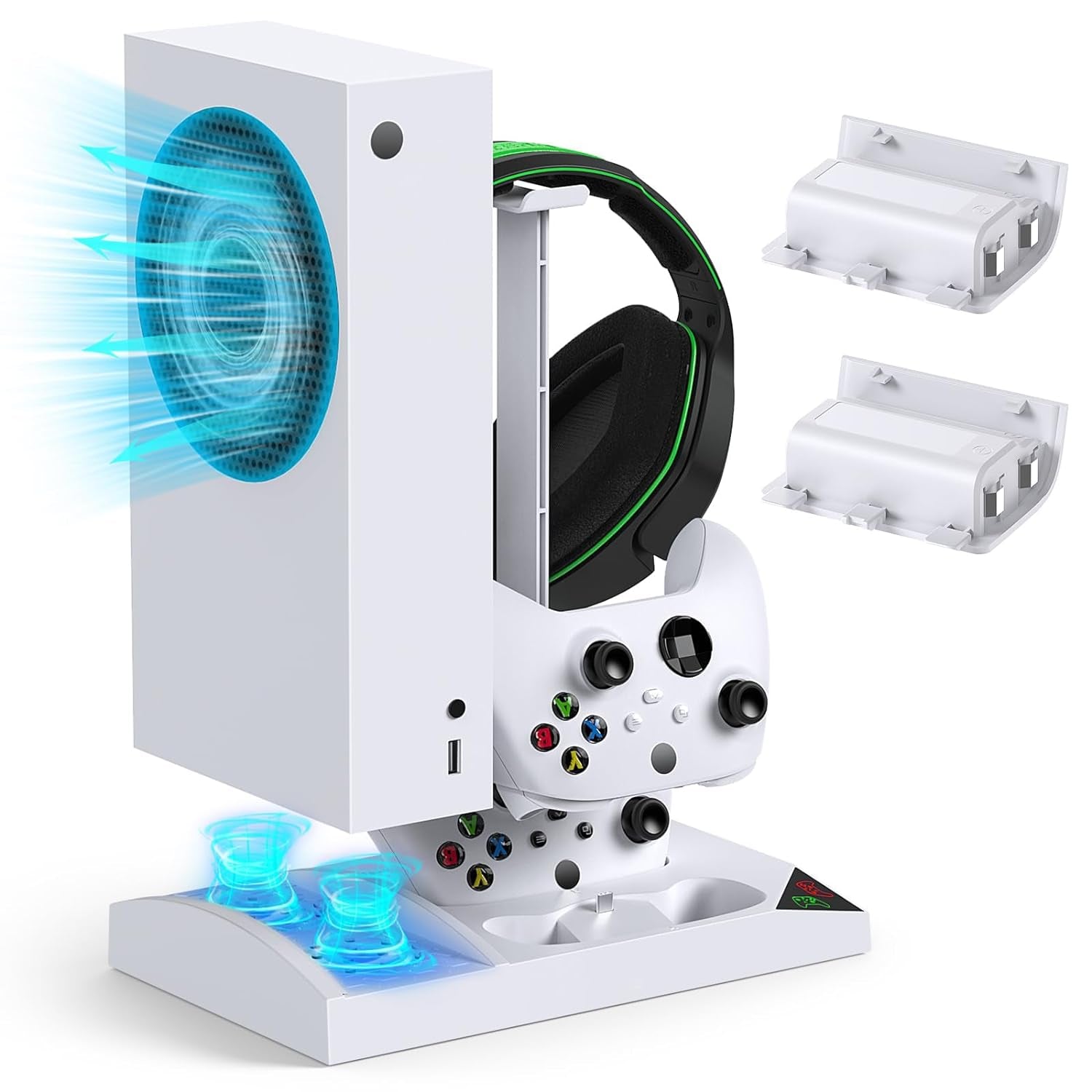 Ultimate Charger Stand with Cooling Fan for Xbox Series S - Dual Charging Dock with Rechargeable Batteries & Earphone Mounts