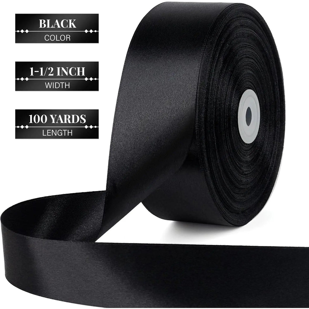 Elevate Your Crafting with 1-1/2 Inch Black Satin Ribbon - 100 Yards of Luxurious Versatility for Every Occasion