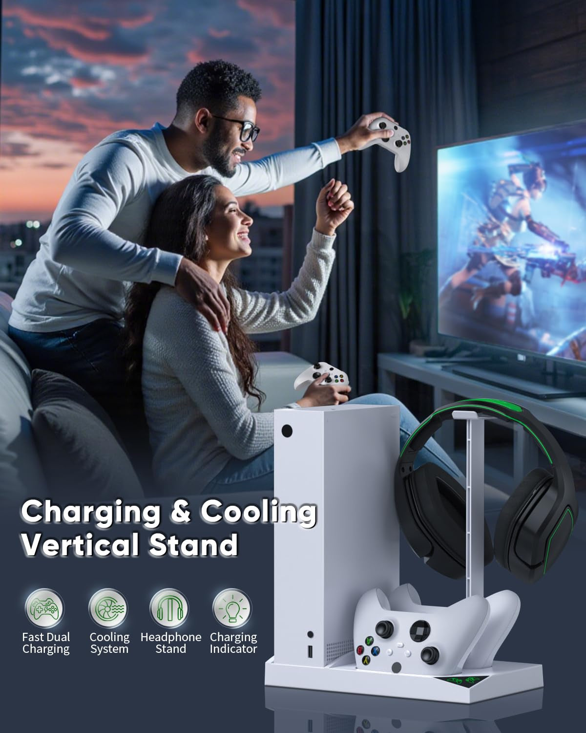 Ultimate Charger Stand with Cooling Fan for Xbox Series S - Dual Charging Dock with Rechargeable Batteries & Earphone Mounts